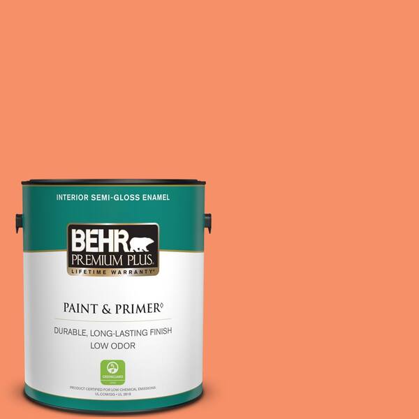 BEHR PREMIUM PLUS 1 gal. #210B-5 Tangerine Dream Semi-Gloss Enamel Low Odor Interior Paint & Primer