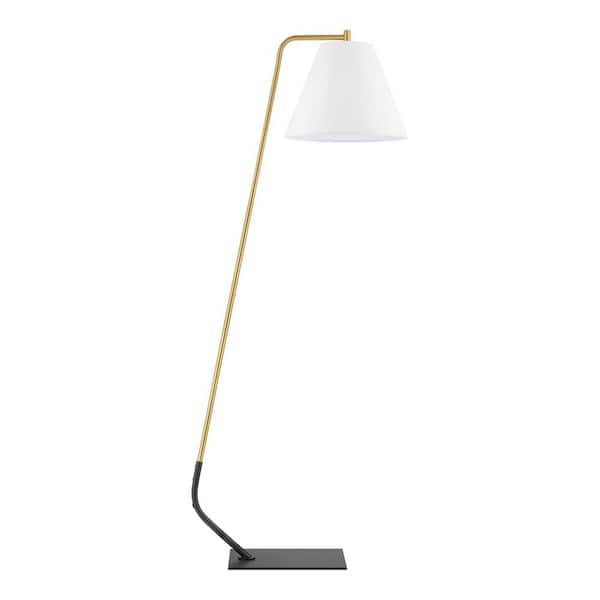Haniken 59 in. Steel Matte Black and Aged Brass Standard Indoor Floor Lamp with White Fabric Shade
