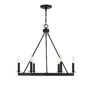 26 in. W x 22 in. H 6-Light Matte Black Wagon Wheel Metal Chandelier with No Bulbs Included