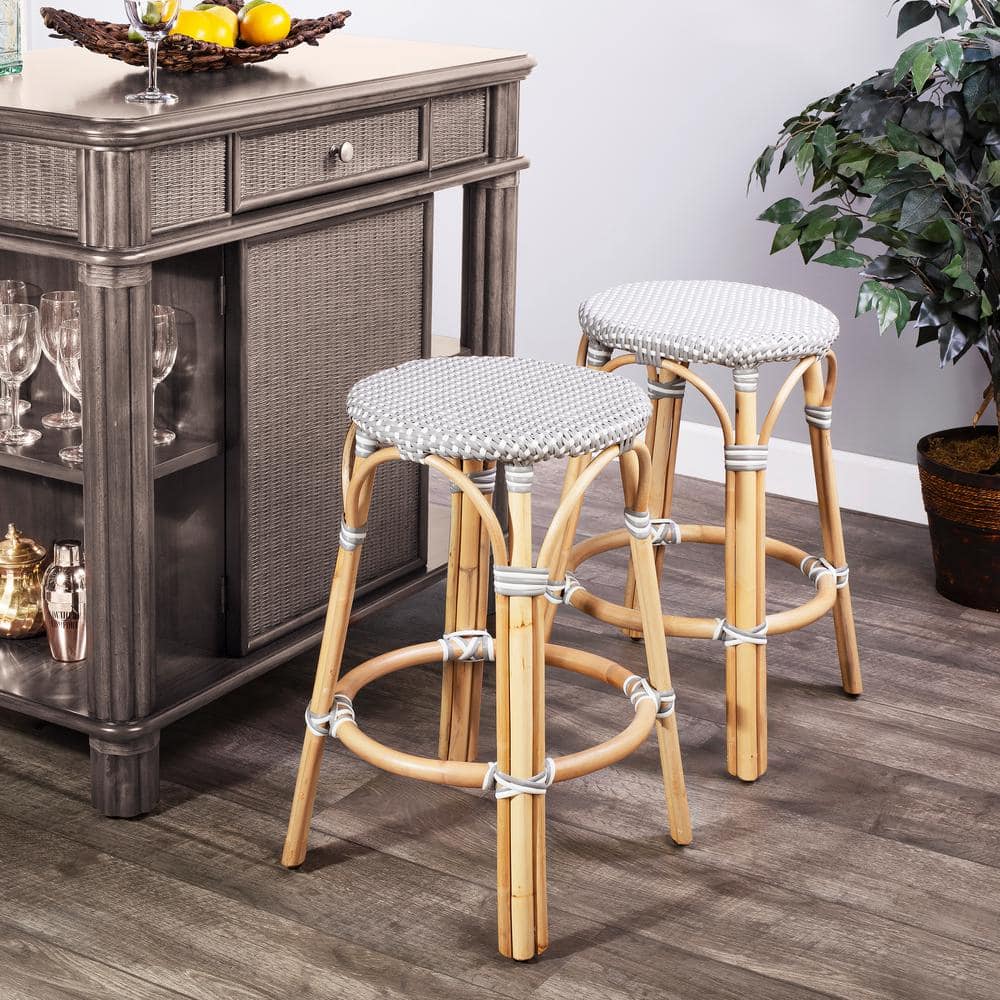 Côte d'Azur Inspired Gray & White Rattan Counter Stool