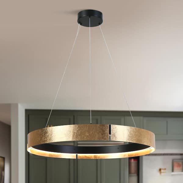 Modern 1-Light Round Integrated LED Chandeliers with Gold Foil Accent, Flat Black Pendant Light for Living Room