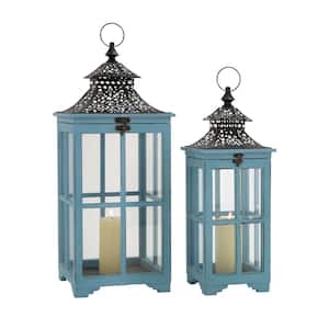Blue Wood Lighthouse Style Candle Lantern (Set of 2)