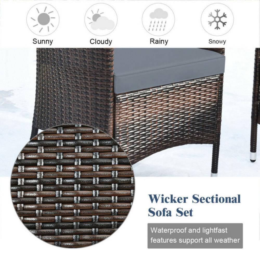 4-Piece Gray Rattan Wicker Patio Sofa Set with Cushions and Coffee Table