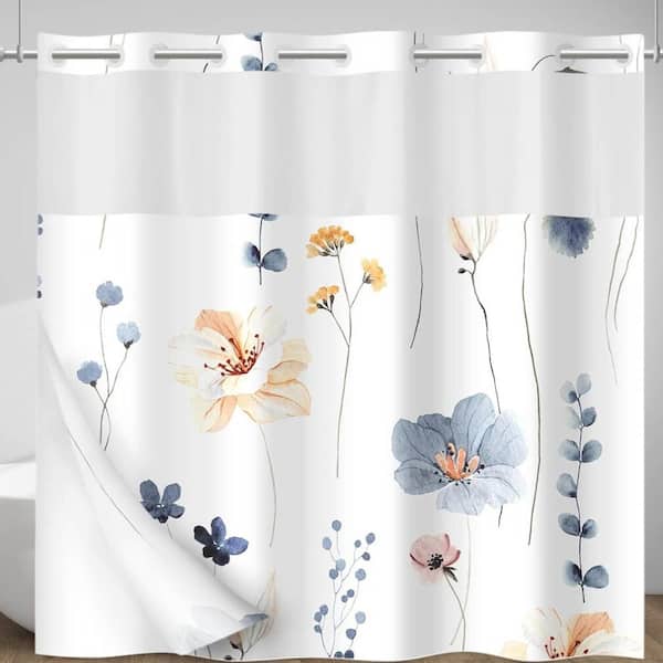 Floral No-Hook Shower Curtain with Snap-In Liner,Blue Beige
