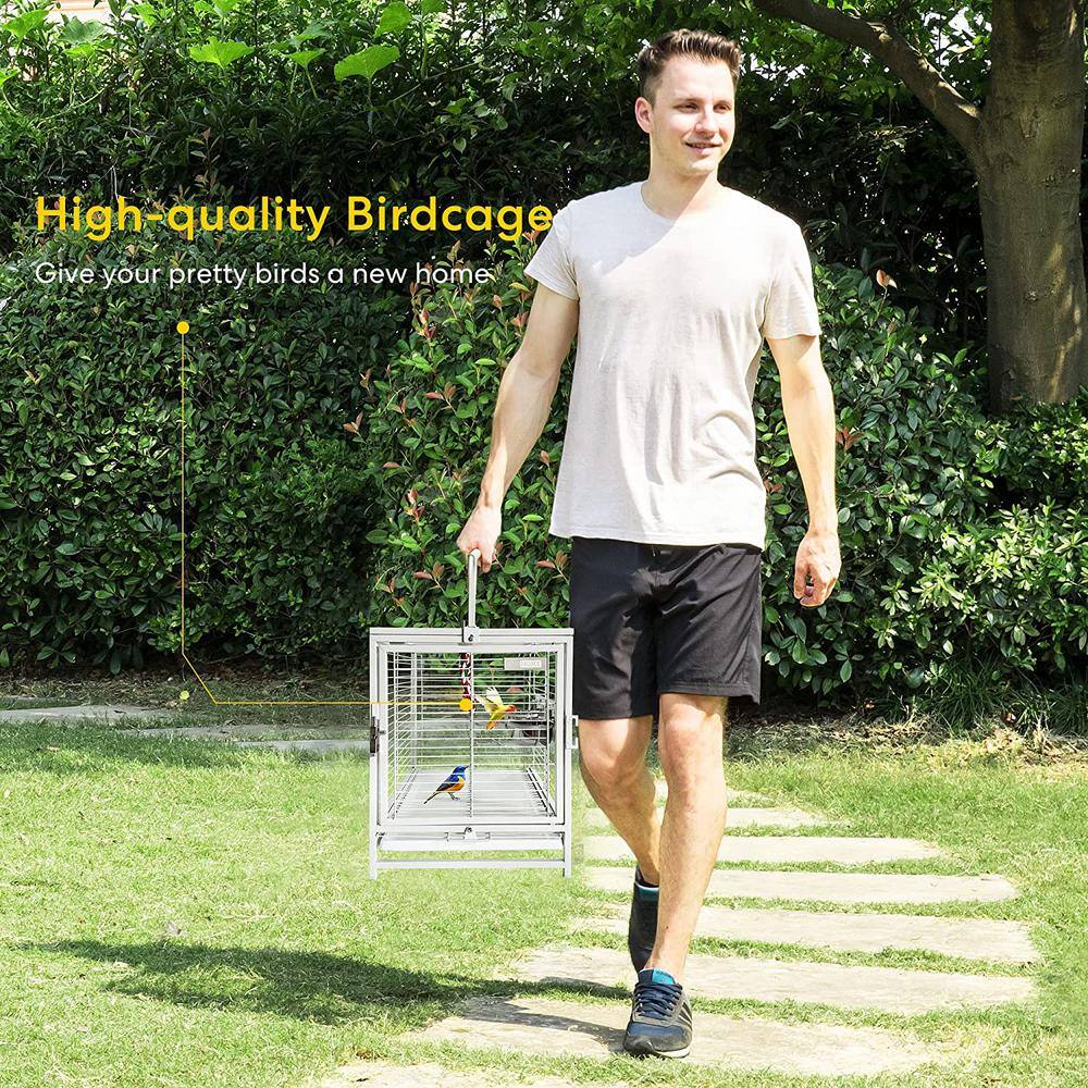 White Wrought Iron Bird Travel Carrier Cage with Wooden Perch