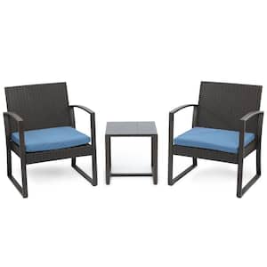 3-Piece Wicker Patio Conversation Set Coffee Table and 2 Rattan Chair with Blue Cushions