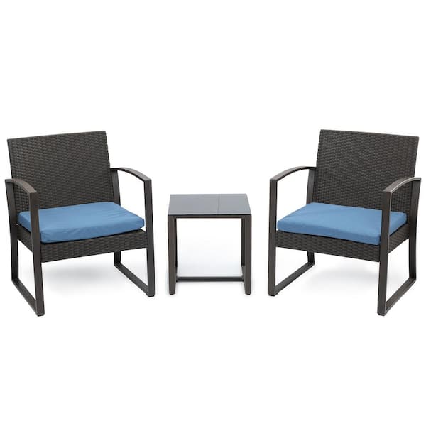 Aoodor 3-Piece Wicker Patio Conversation Set Coffee Table and 2 Rattan Chair with Blue Cushions