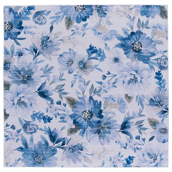 Tacoma Light Blue/Blue 6 ft. x 6 ft. Machine Washable Abstract Floral Square Area Rug