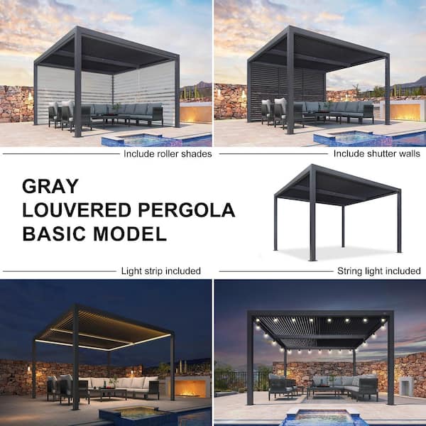 12 ft. x 12 ft. Gray Aluminum Frame Outdoor Hardtop Louvered Pergola with Adjustable Sunshade Roof and In-Built Gutter