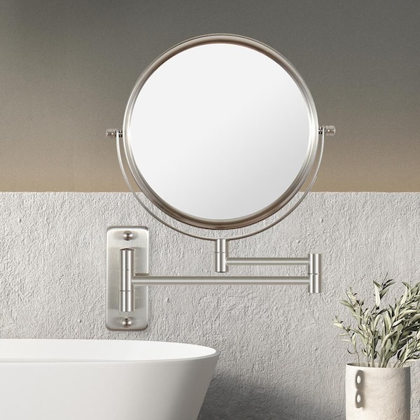 YULIKA Wall Mirror 8 in. W x 8 in. H Round Swing Arm Wall Bathroom Makeup Mirror In Nickel