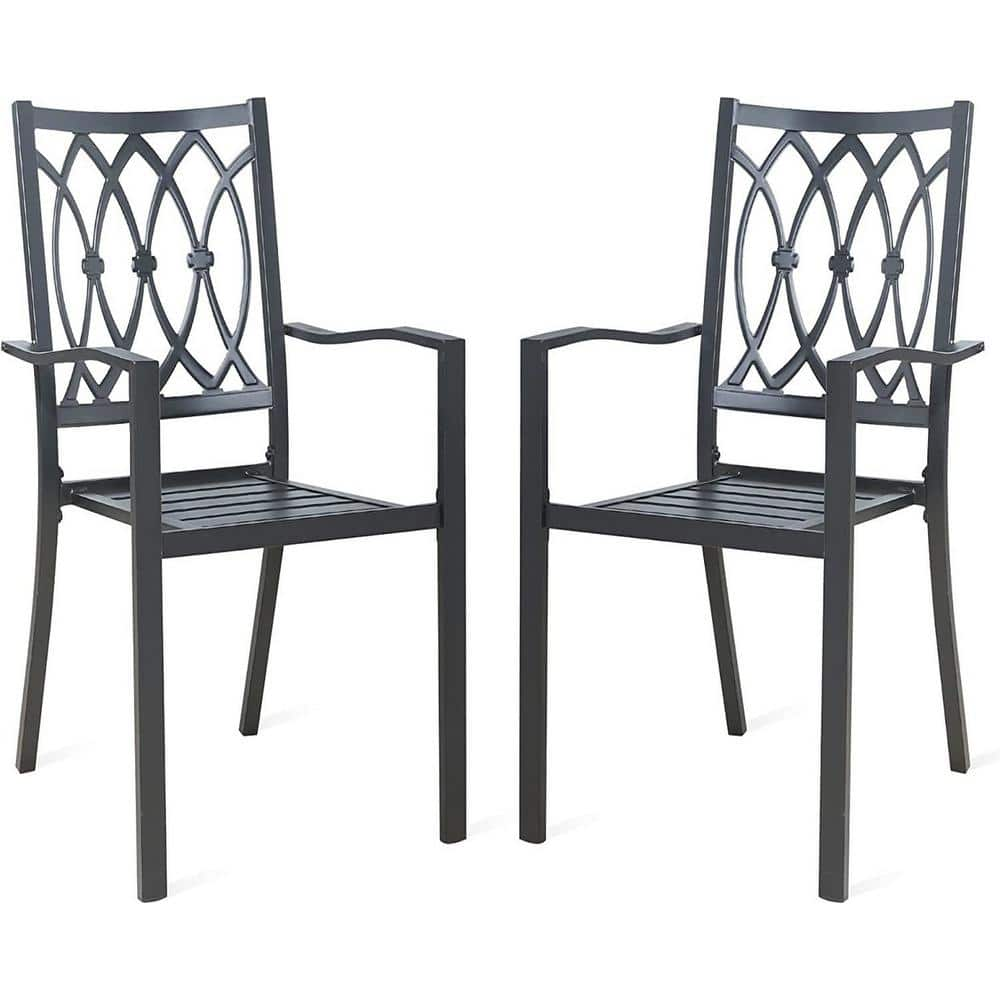 Outdoor Black Stackable Dining Chairs Set Iron Patio Chairs Set of 2