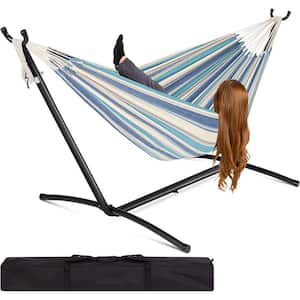 9 ft. 2-Person Double Hammock with Stand Set with Patio with Carrying Bag, Outdoor Brazilian-Style (Ocean）