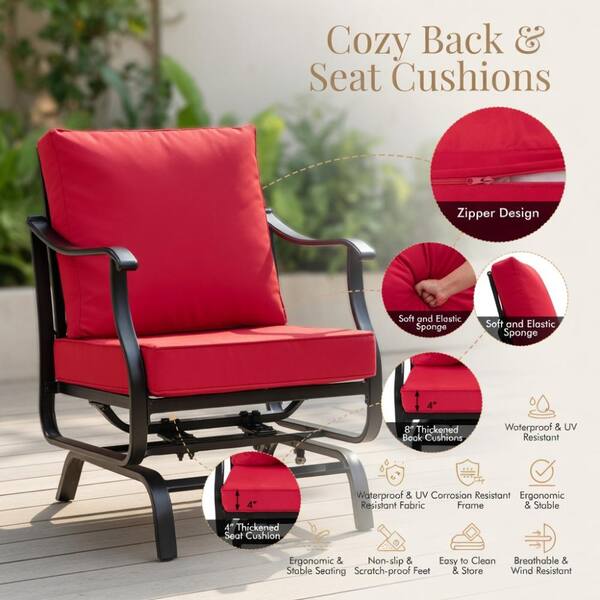 3-Piece Black Steel Rocking Chair Set – Coffee Table & Red