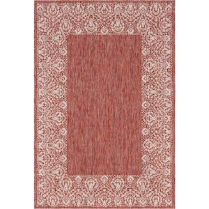 Outdoor Floral Border Rust Red 6 ft. x 9 ft. Area Rug