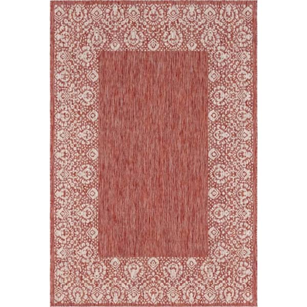 Outdoor Floral Border Rust Red 6 ft. x 9 ft. Area Rug