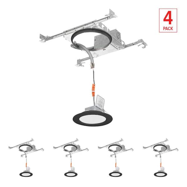 6 in. Selectable CCT Integrated LED Black Canless Wafer w/ New Construction Mounting Frame, (4-Pack) Light Kit