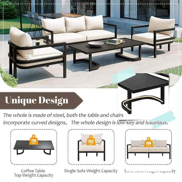 4-Piece Metal Frame Patio Conversation Sofa Set with Beige Cushions