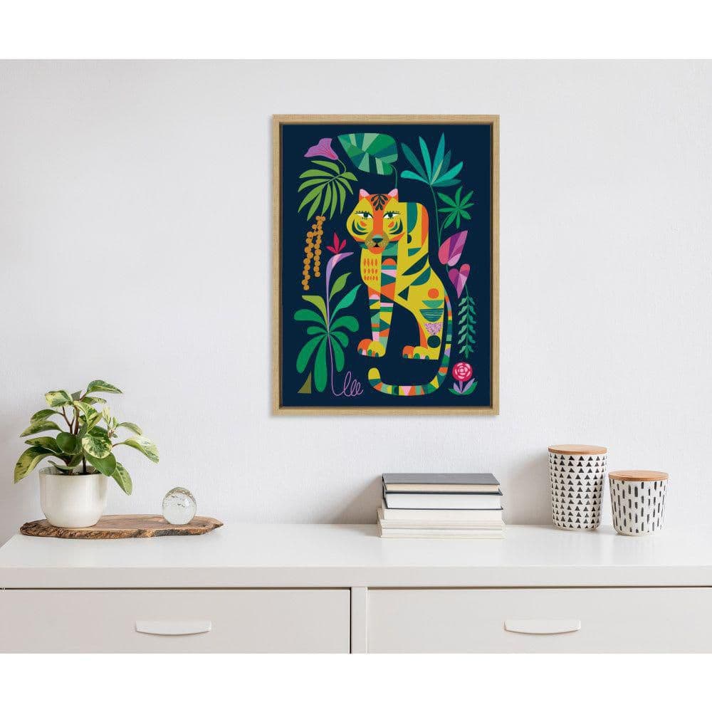 Colorful Tiger in the Forest Canvas Art with Natural Frame