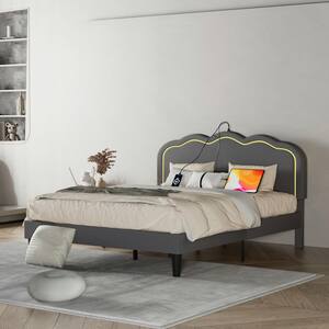 Upholstered Bed Gray Metal Frame Queen Platform Bed with Adjustable Charging Station Headboard and LED Lights Bed Frame