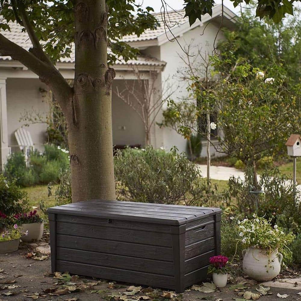 Keter Brown 120 Gallon Lockable Plastic Wicker Deck Box