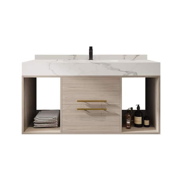 39 in. Single Sink Floating Oak Bath Vanity with White Sintered Stone Top, 2 Soft Close Drawer, Gold Handles