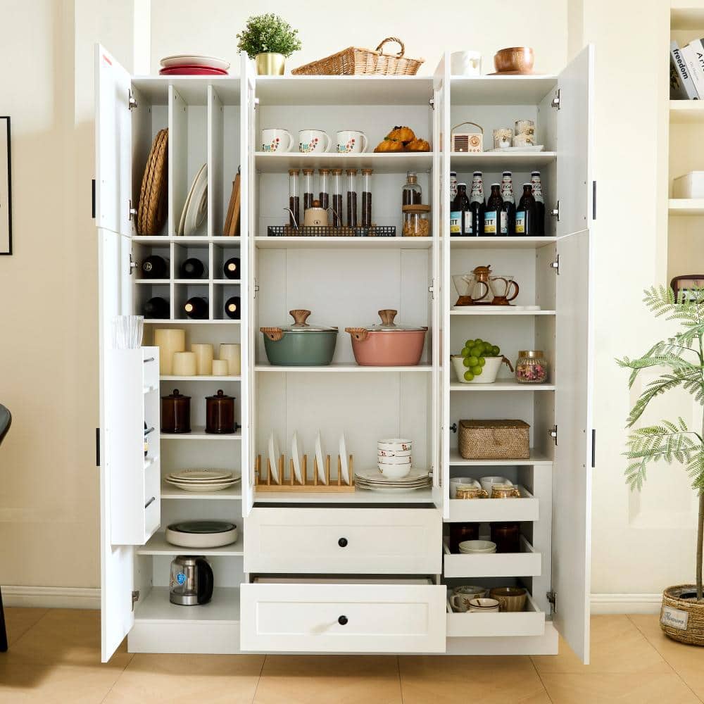 71" Large Kitchen Pantry Storage Cabinet Cupboard with Drawers, Adjustable Shelves,Pull-out Trays and Wine Rack in White