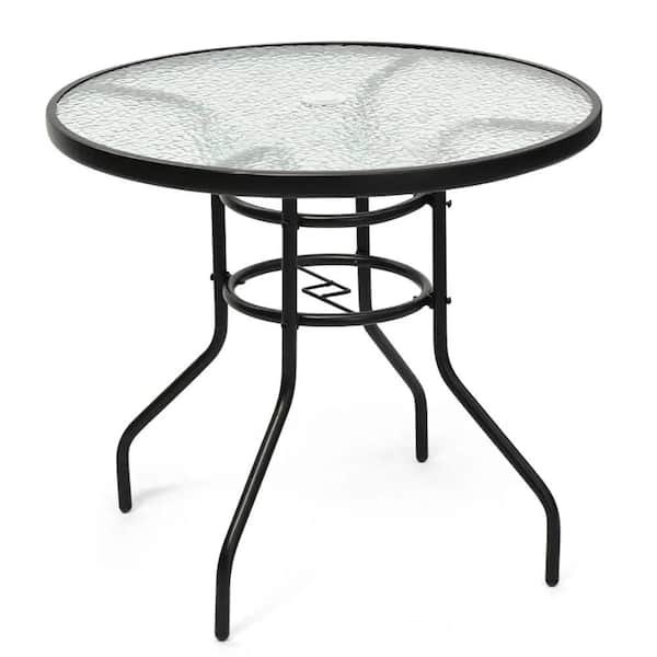 AOPSPS 32 Inch Patio Tempered Glass Steel Frame Round Table with Convenient Umbrella Hole