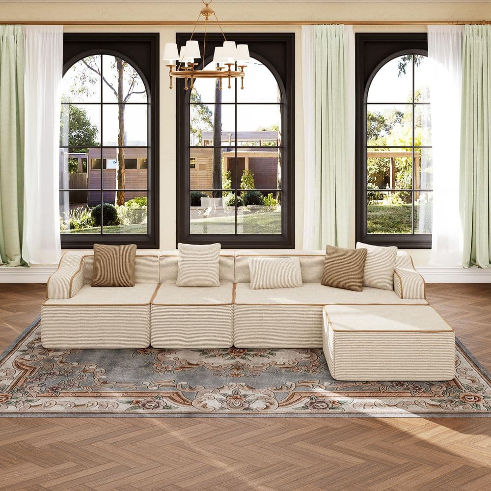 134 in. W 4-Piece Corduroy Modular Sectional Sofa with Cushions and Ottoman in Beige, No Installation Required