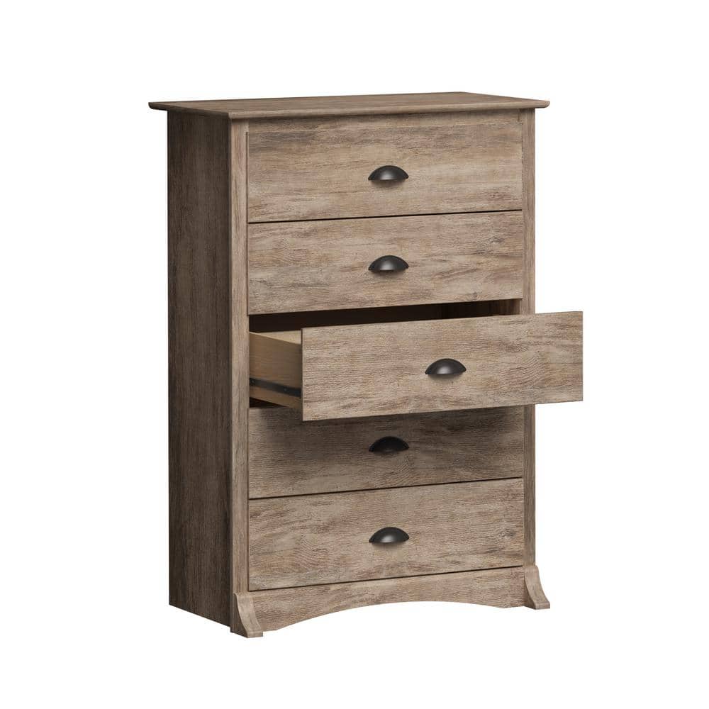 Coastal Drifted Gray 5-Drawer Compact Dresser with Vintage Touch