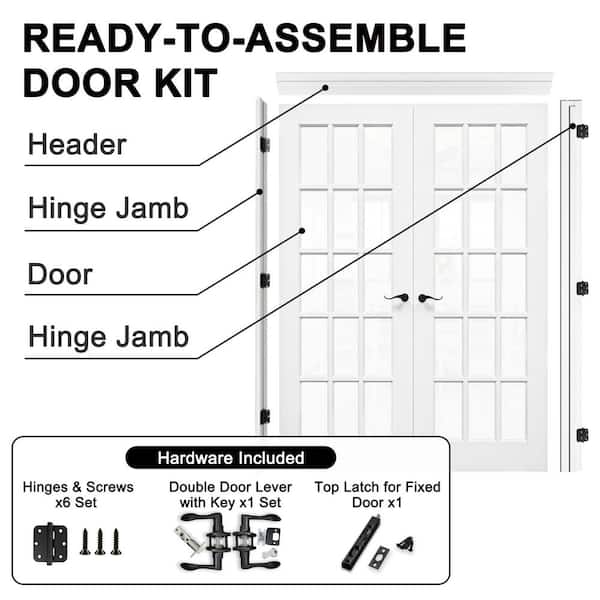 72 in. x 80 in. 15-Lite Clear Glass Universal White Solid Core Glass Interior French Door Kit with Quick Assemble Jamb