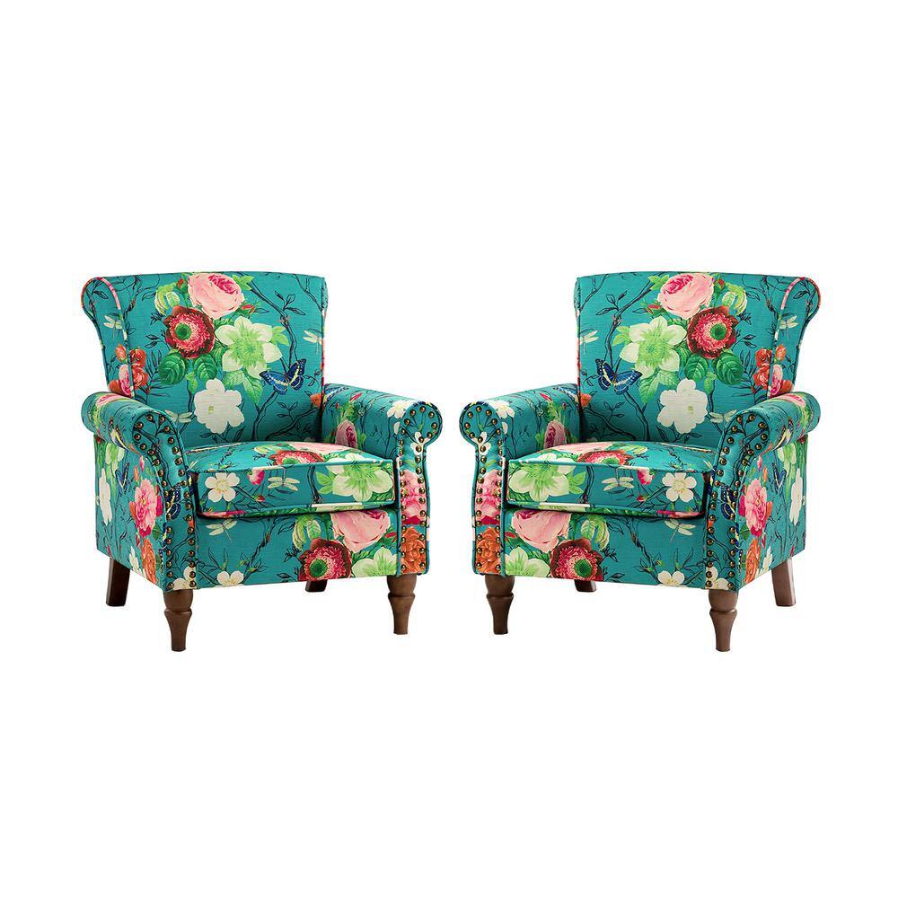 Blue Floral Polyester Arm Chair Set with Rolled Arms