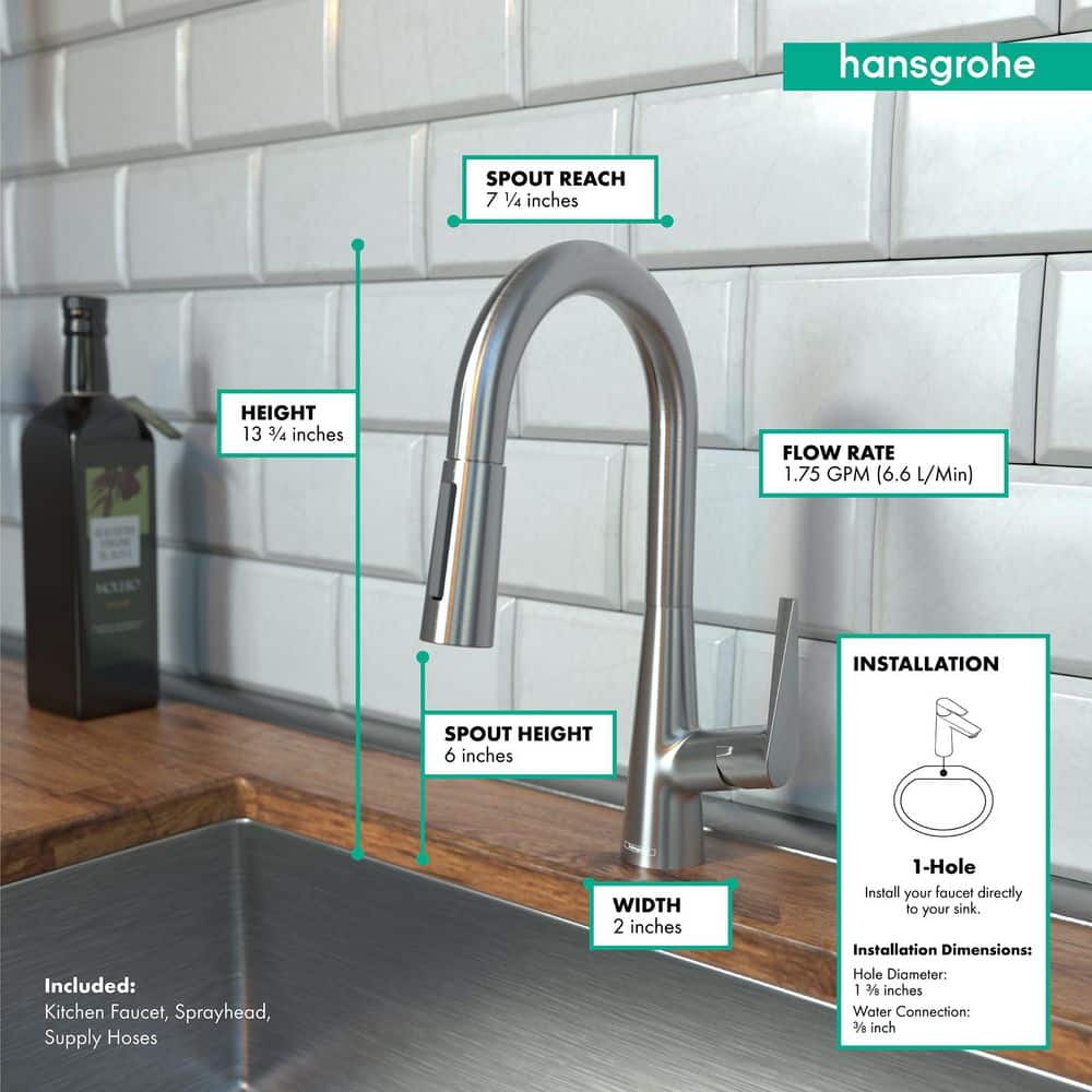Steel Optik Modern Brass Pull-Out Spray Bar Faucet, 1.75 GPM