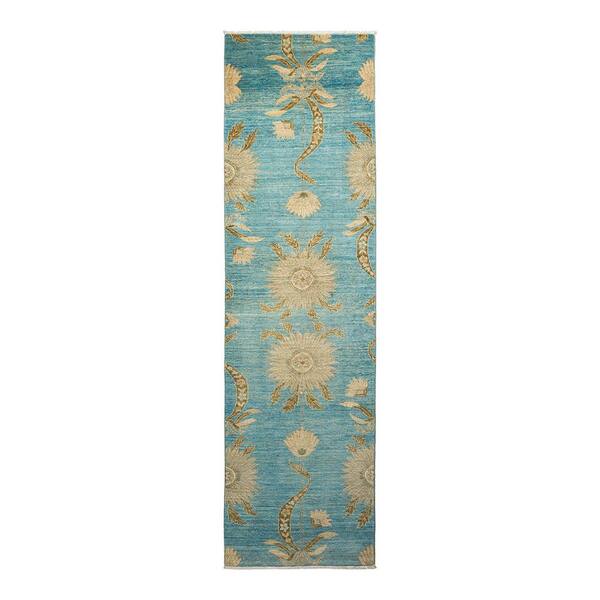 Solo Rugs Eclectic One of a Kind Contemporary Light Blue 2 ft. 8 in. x 9 ft. 9 in. Floral Runner