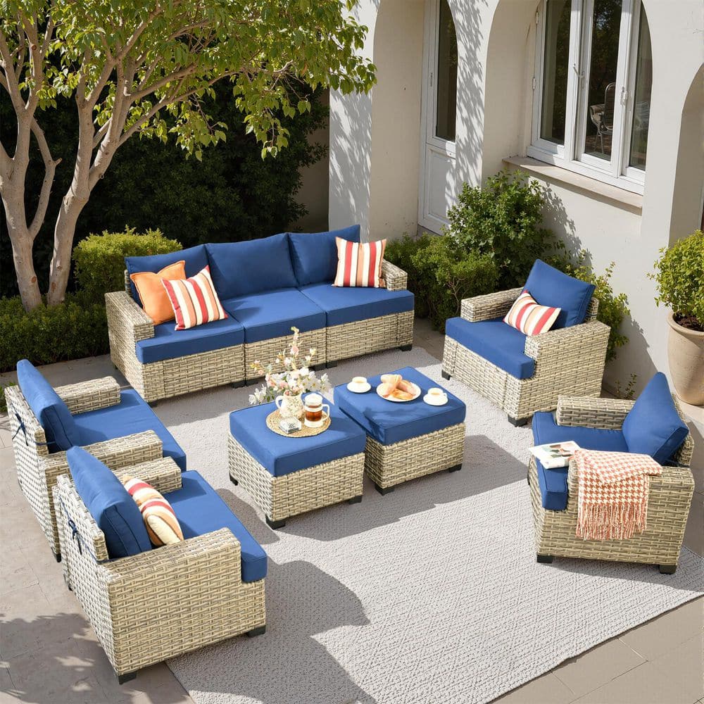 Repose 9-Pieces Wicker Outdoor Patio Conversation Seating Set with Navy Blue Cushions price history on PriceWatchPro