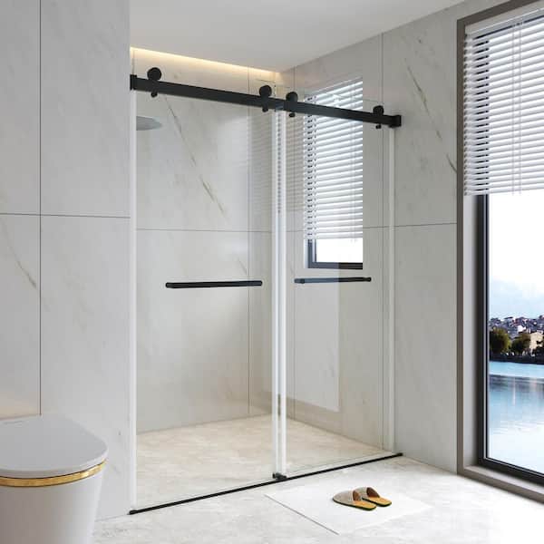 WYonder 60 in. W x 75 in. H Sliding Frameless Shower Door in Black with 5/16 in. (8 mm) Clear Glass