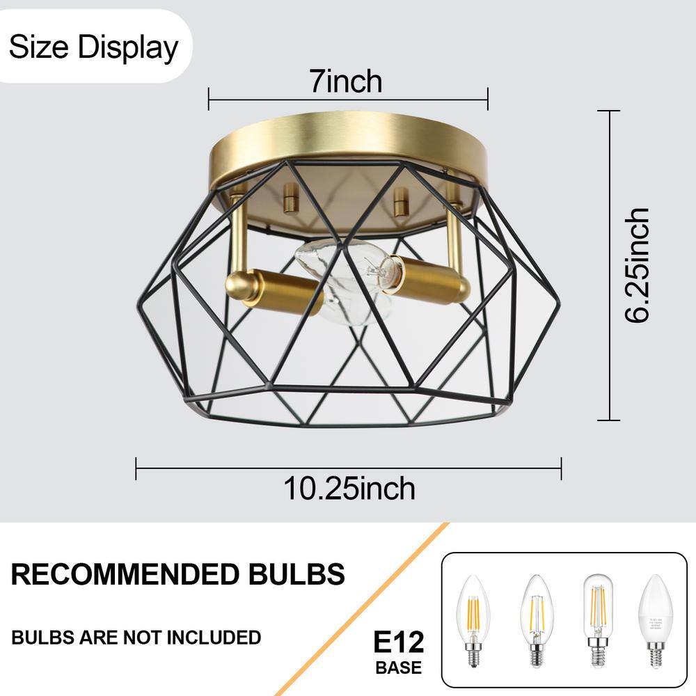 Gold and Matte Black Metal Cage Flush Mount Ceiling Light