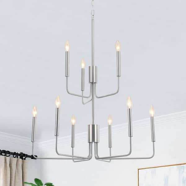 LWYTJO 9-Light 2 Tier 29.5 in. Nickel Industrial Adjustable Candle style Chandelier for Hall Stairway
