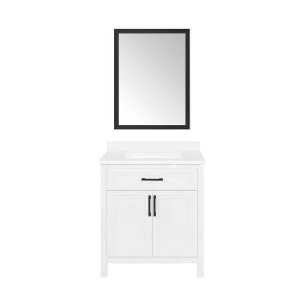 OVE Decors Laney 30 in. W x 22 in. D x 34 in. H Bath Vanity in White with White Engineered Stone Top and Black Mirror