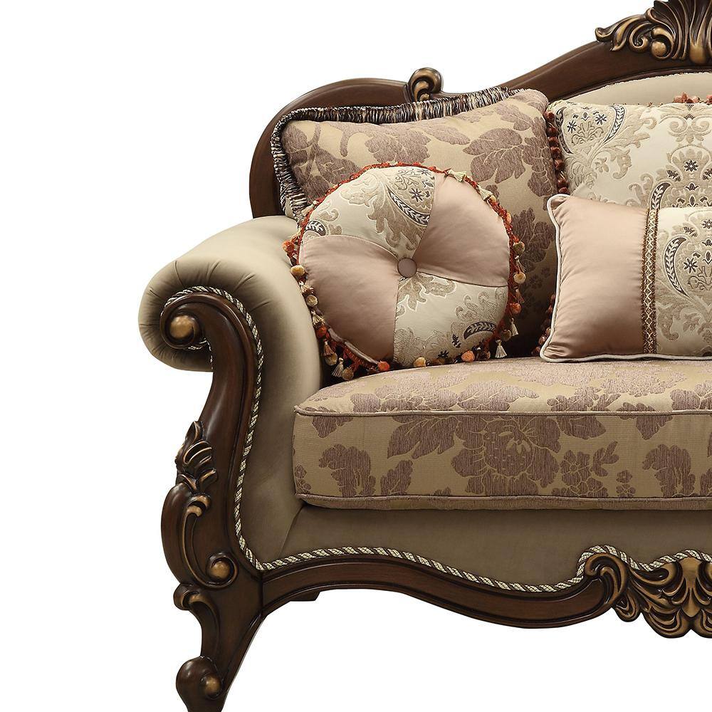 Beige Velvet Floral Rolled Arm Loveseat with Wood Frame