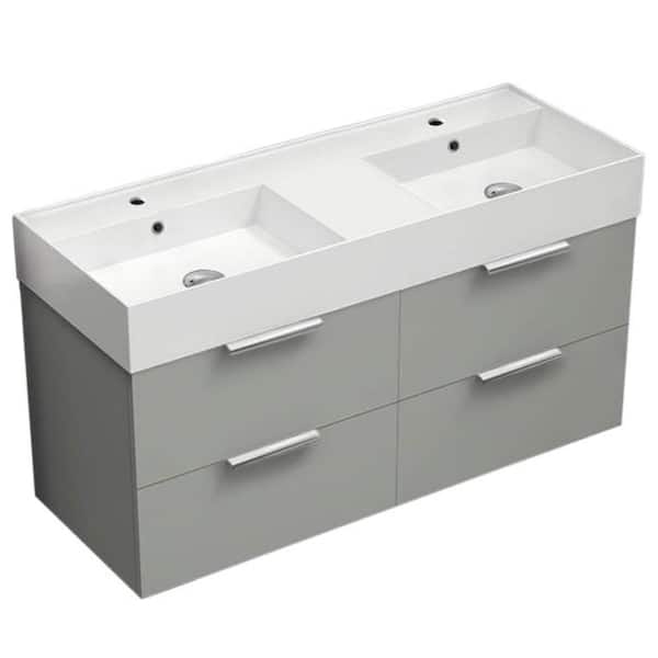 Nameeks Derin 47.64 in. W x 18.11 in. D x 25.2 H Double Sinks Wall Mounted Bathroom Vanity in Grey mist with White Ceramic Top
