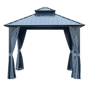 12 ft. x 12 ft. Grey Double Roof Canopy Outdoor Hardtop Patio Gazebo with Netting and Curtains