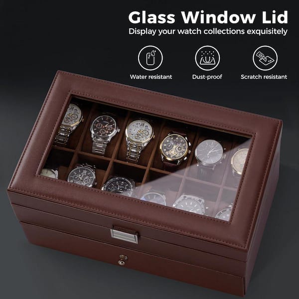 時計ケース 12仕切り 12-Slot Men's Faux Leather Watch Box with Drawer and Glass Lid, 2
