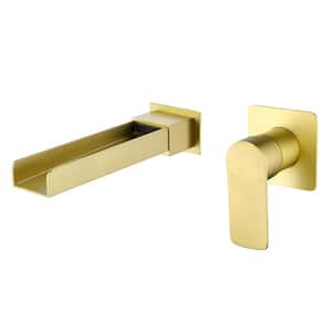Single Handle Waterfall Wall-Mount Roman Tub Faucet with Extra Long Spout in Brushed Gold