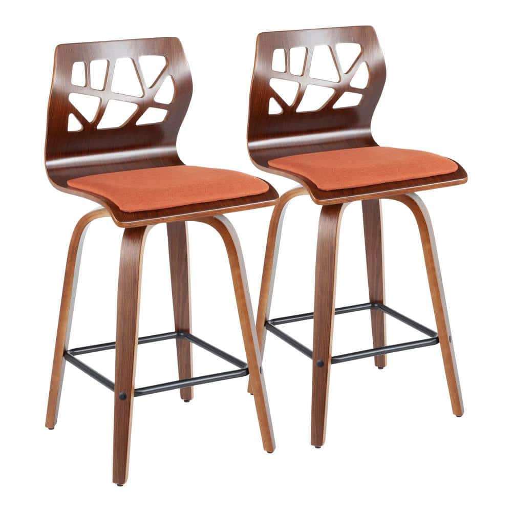 Mid-Century Modern Orange Swivel Wood Counter Stool
