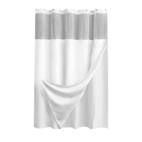 No Hook Shower Curtain Set 72 x 75 with Snap In Fabric Liner White Waffle Design Bathroom Curtain