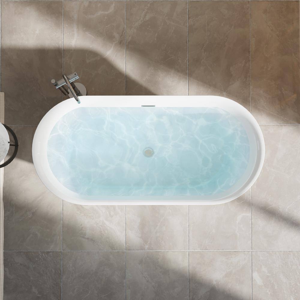 67-Inch Glossy White Acrylic Freestanding Soaking Bathtub with Chrome Drain