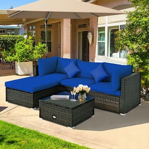 5-Piece Wicker Outdoor Patio Conversation Set Rattan Sectional Furniture Set with Navy Cushions