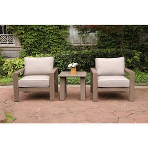 Taupe Aluminum Wood Grained 3-Piece Patio Conversation Seating Set with Beige Cushions for Garden Patio