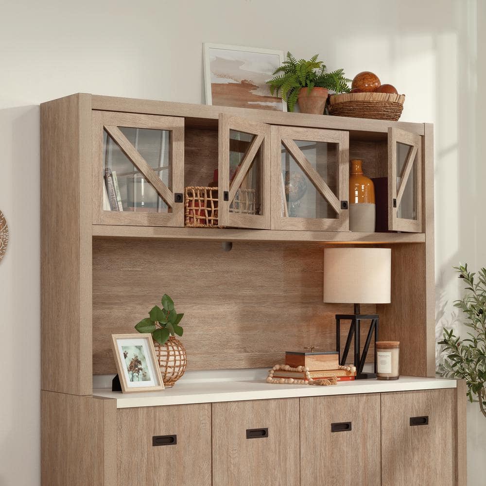 Brushed Oak Large Office Hutch with Glass Doors