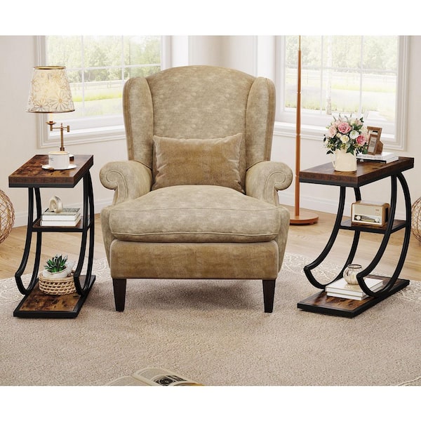 BYBLIGHT Kerlin 23.62 in. Brown and Black Rectangle Side Table with Moon-Shape Metal Frame MDF End Table for Living Room, 2-Piece